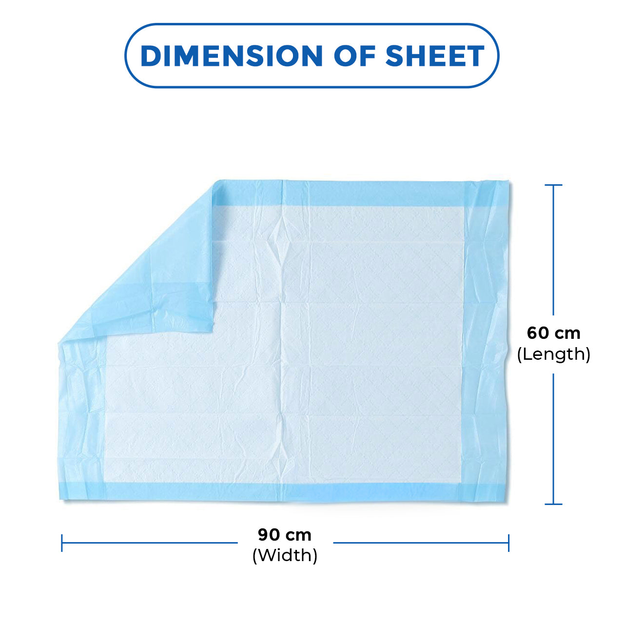 Measurement chart of a blue sheet with dimensions 60 cm (length) and 90 cm (width) on a white background.