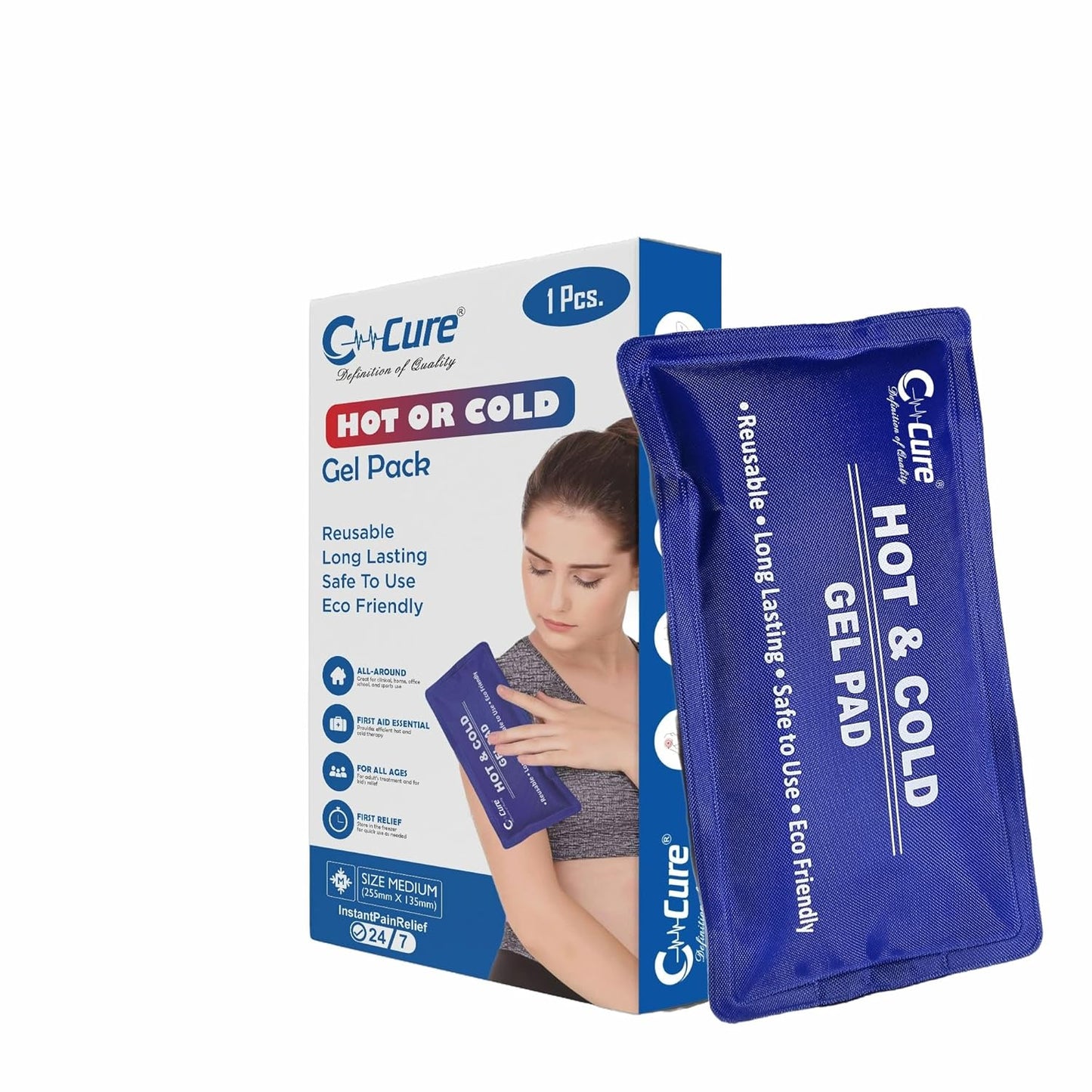A blue C-CURE hot and cold gel pack, along with its packaging that features an image of a person applying the pack to their shoulder.
