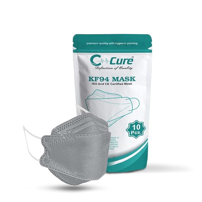 Gray KF94 mask with its packaging on a white background