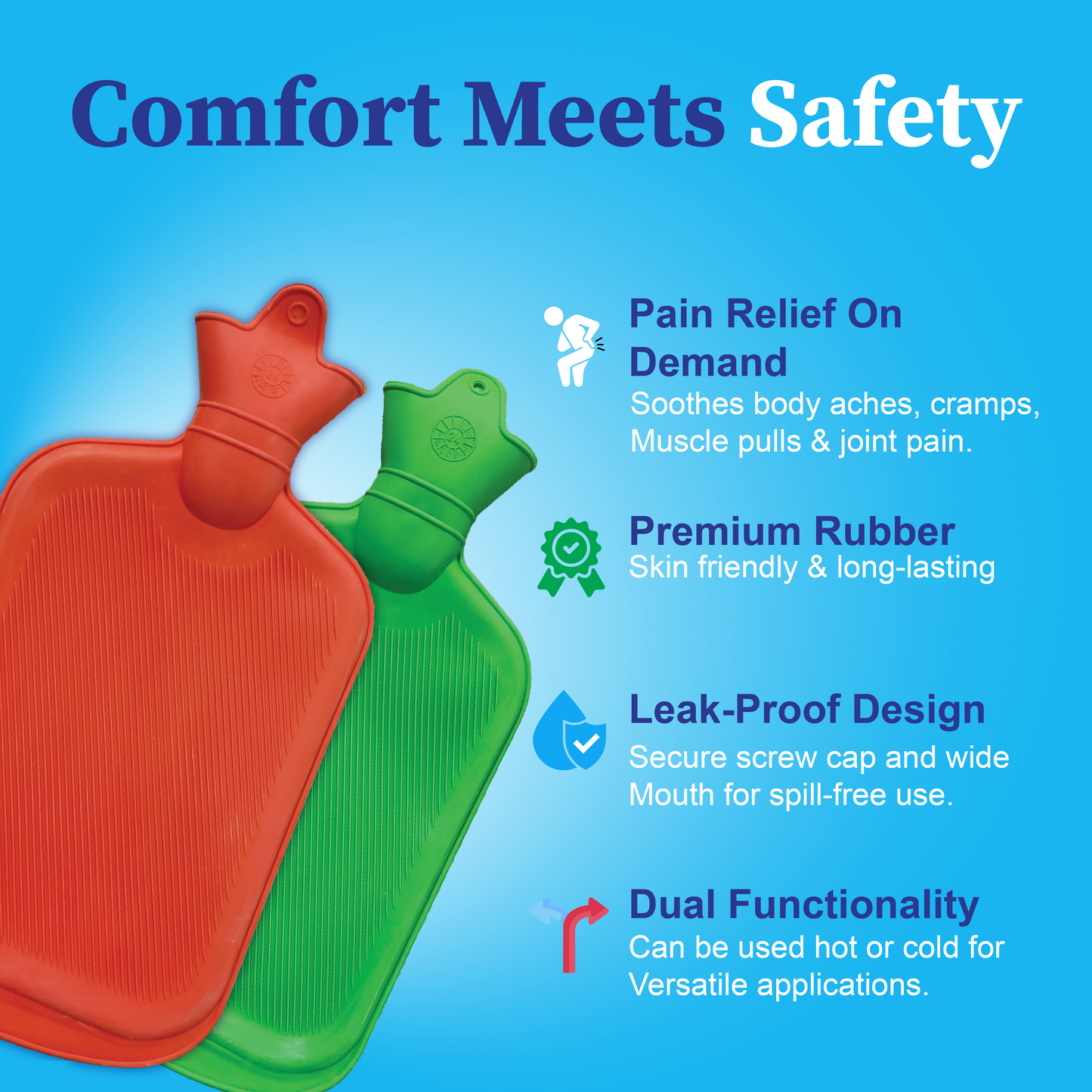 Red and green hot water bottles with sowing safety point
