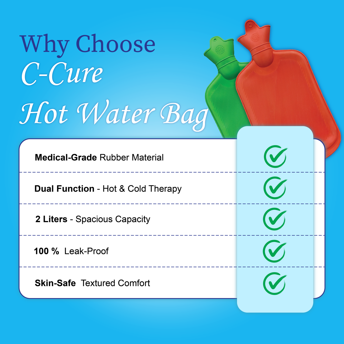 Advertisement for C-Cure hot water bags with features listed