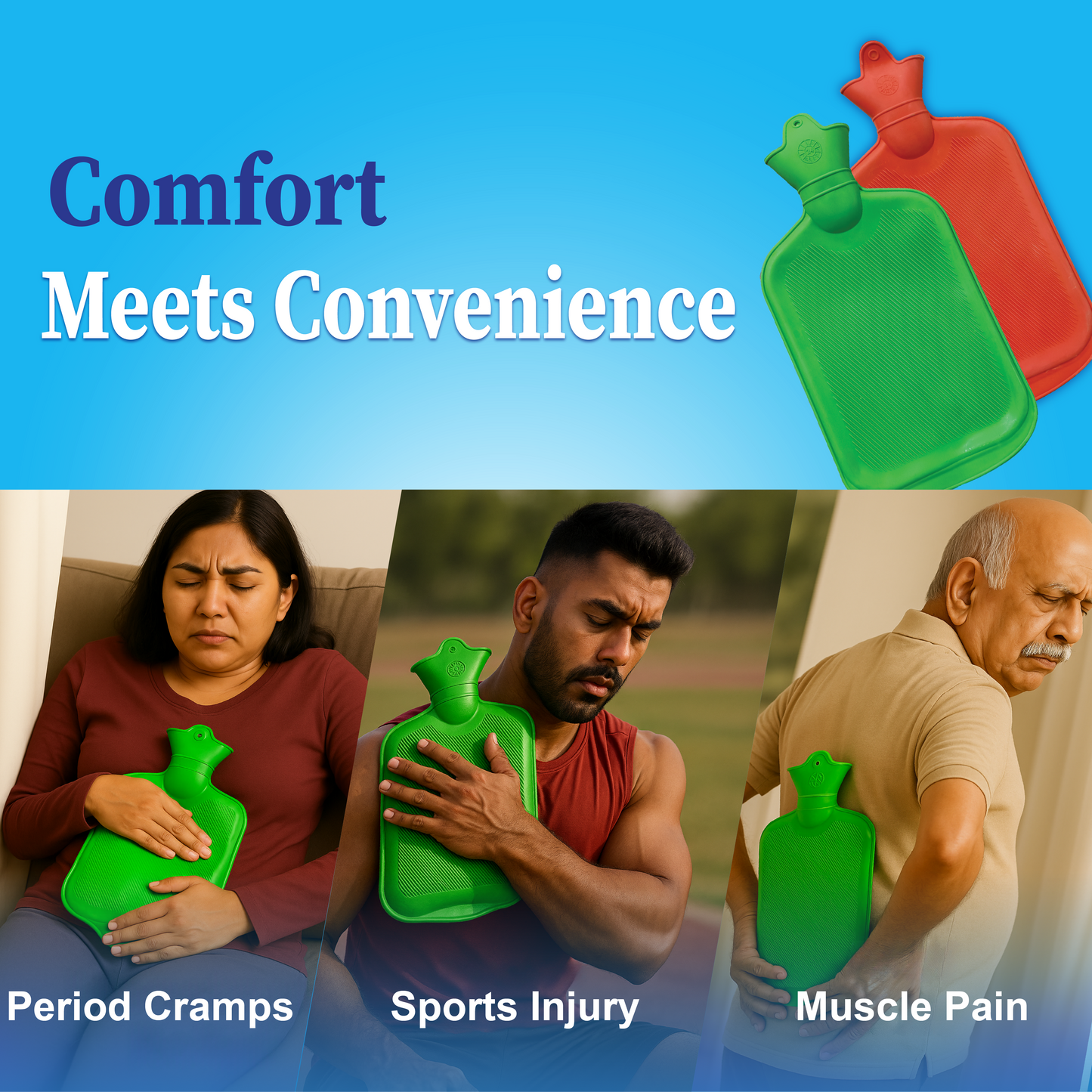 Three people using green hot water bottles for different discomforts