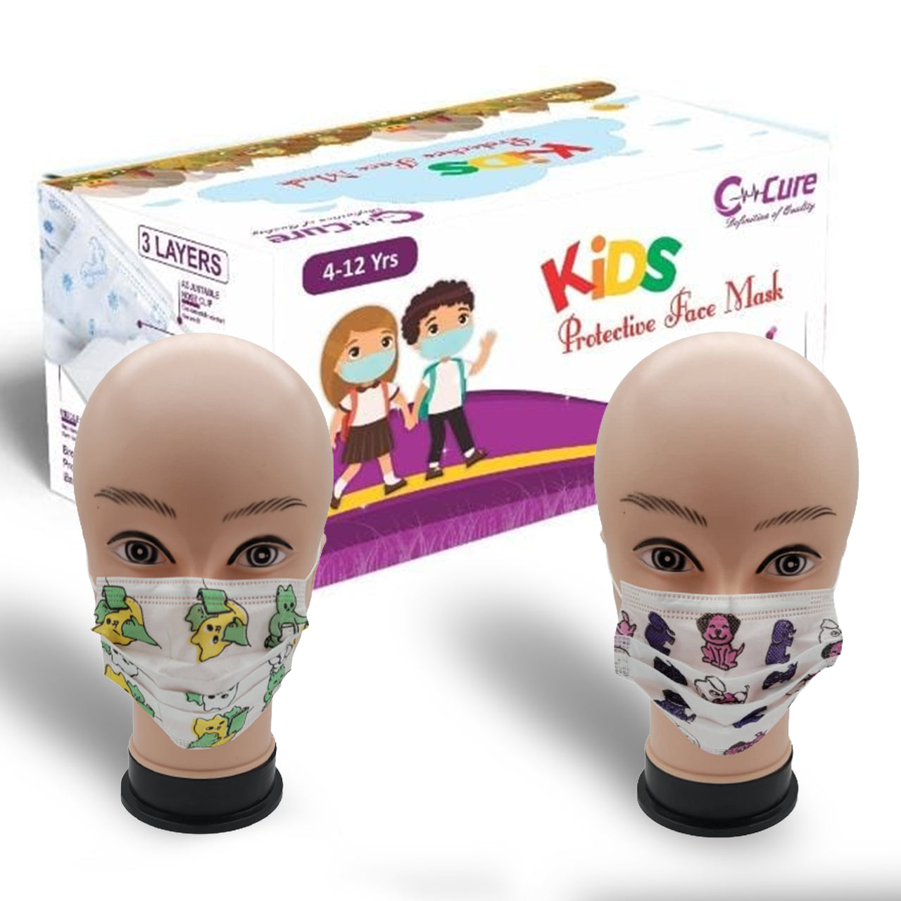 C-cure Kids Protective Face Mask packaging with mannequin heads wearing masks