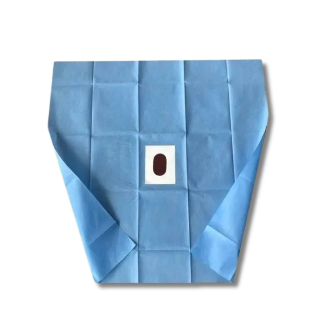 Medress blue disposable drape gown laid flat with an oval opening at the center