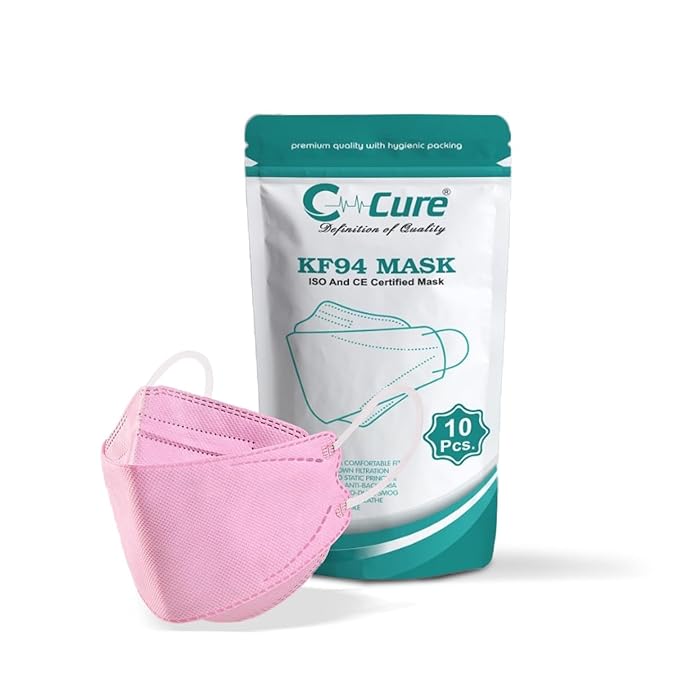 Pink KF94 face mask with its packaging.