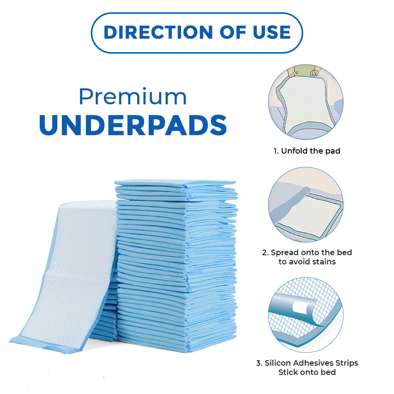 Stack of premium underpads with instructions on how to use them.