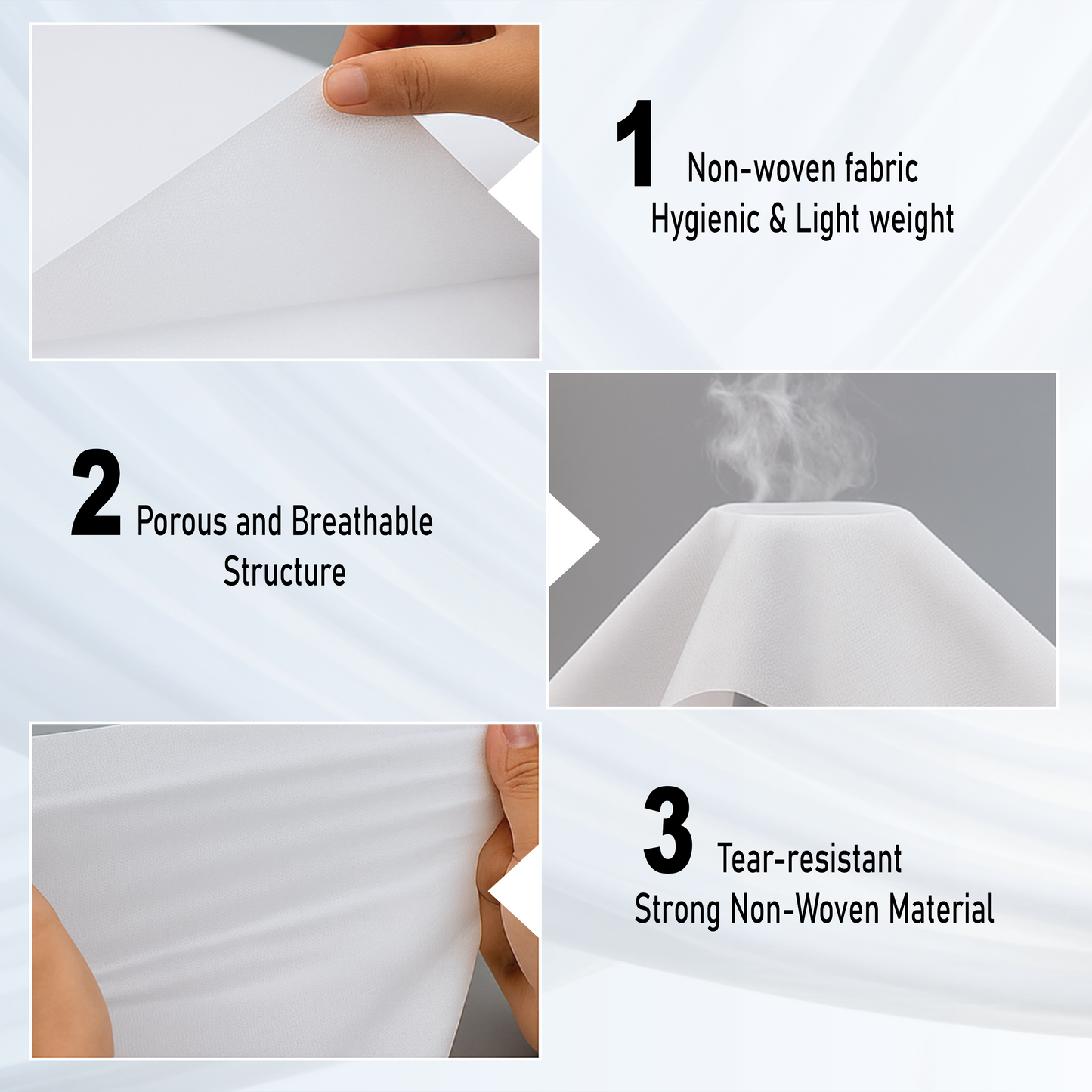 Non-woven fabric with text highlighting its properties