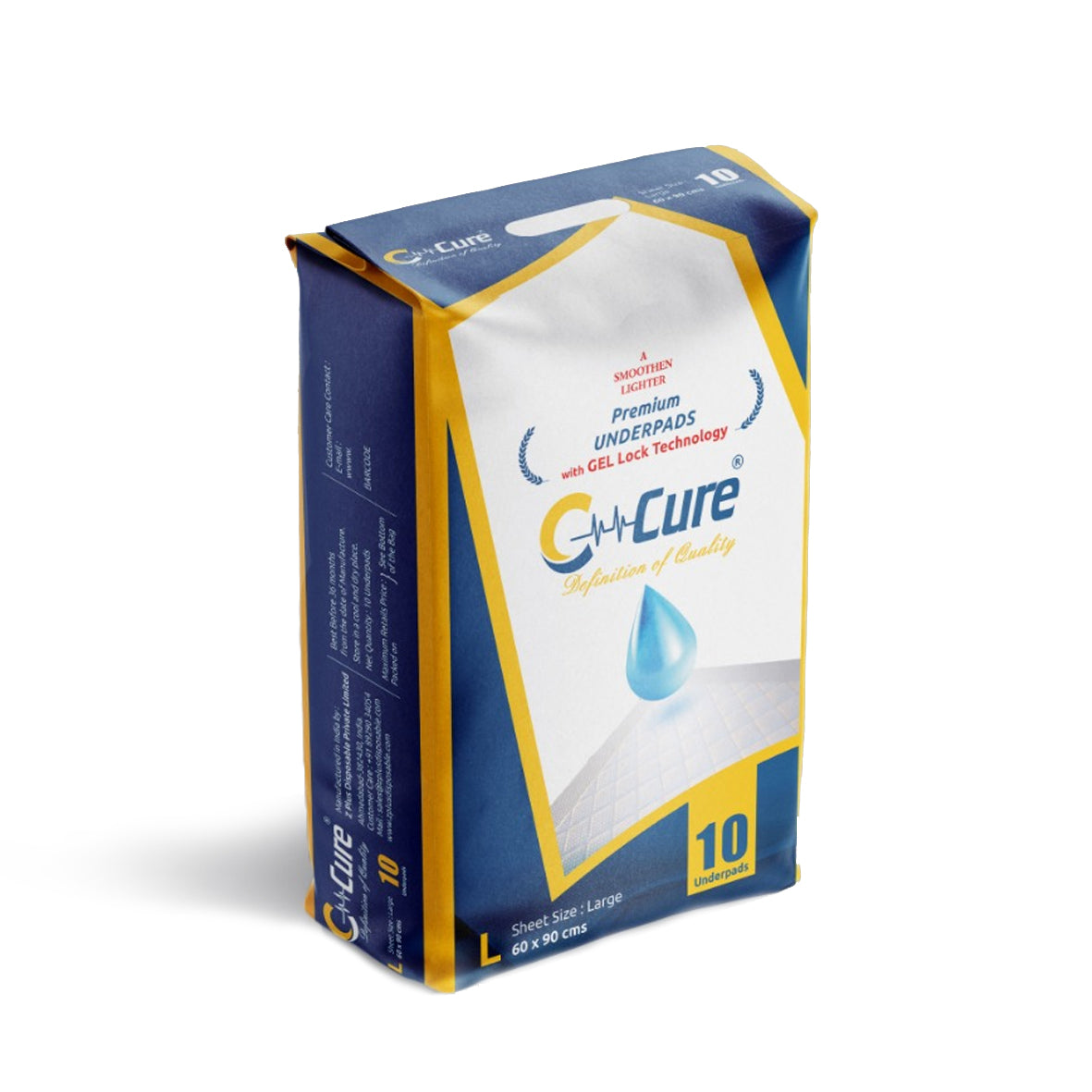 Box of Cure underpads with blue and yellow design on a white background