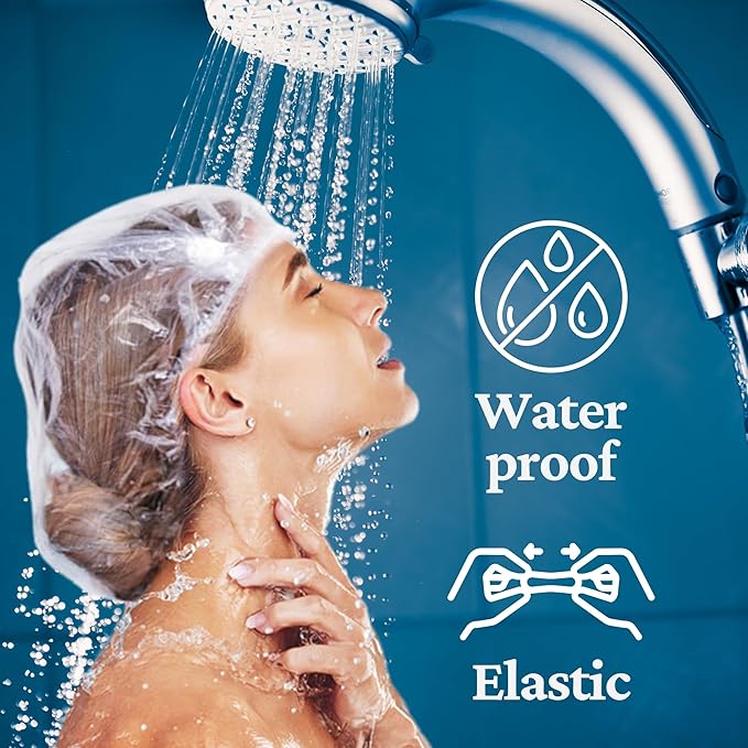 Person showering with a C-cure waterproof shower cap.