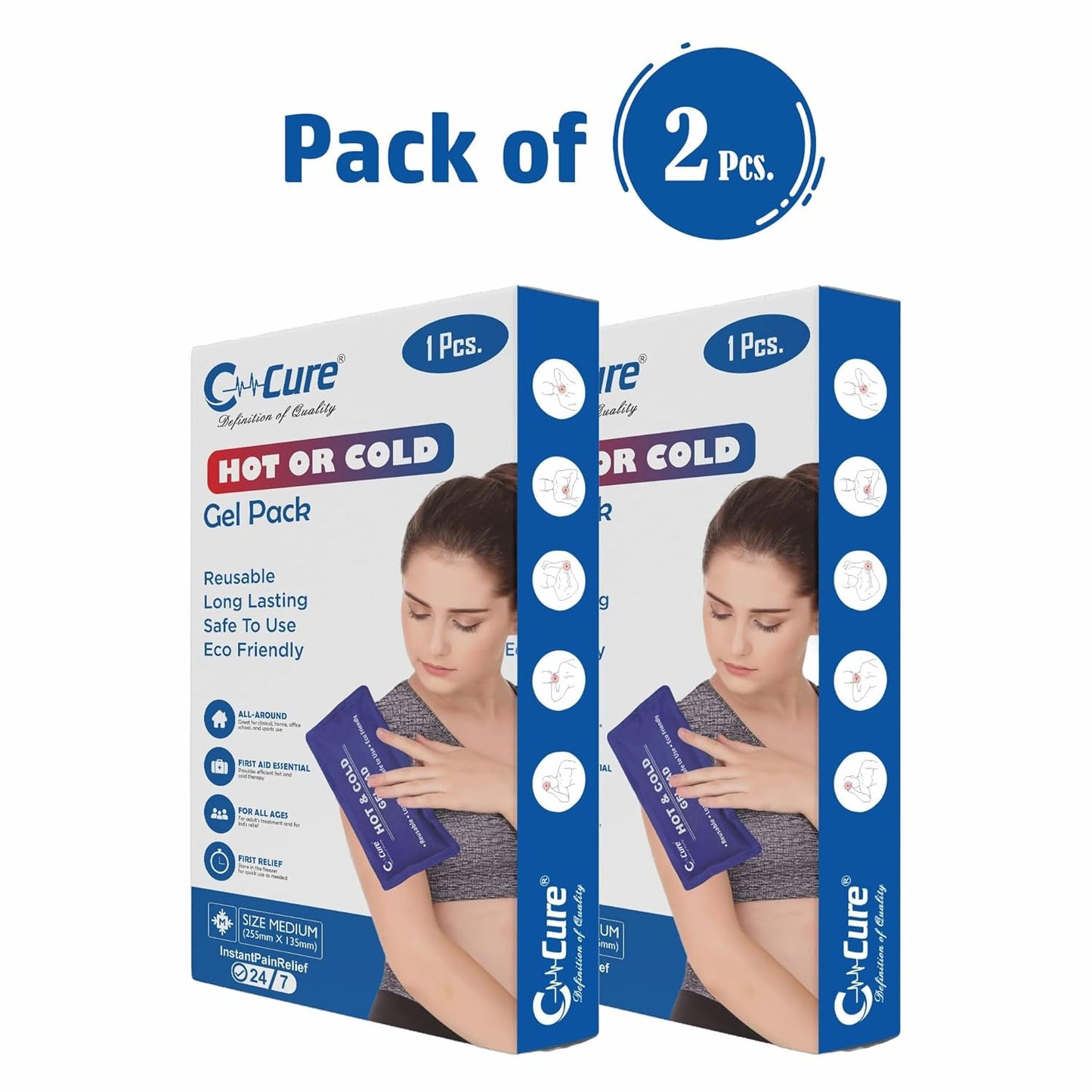 Two blue boxes of C-Cure Hot and Cold Gel Packs, each box has an image of a woman holding a blue gel pack.