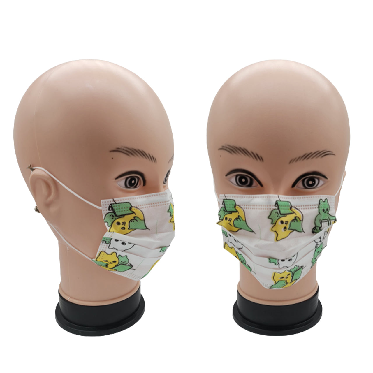 Two mannequin heads wearing face masks with cartoon design