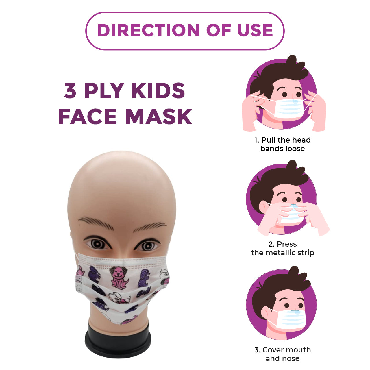 3-ply kids face mask on a mannequin head with usage instructions.
