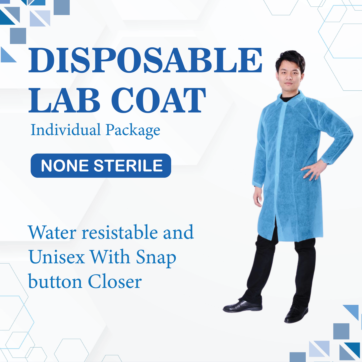Person wearing a disposable lab coat with product details