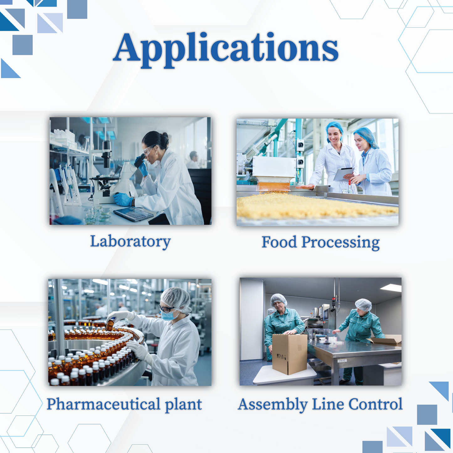Collage of images showing applications in laboratory, food processing, pharmaceutical plant, and assembly line control.