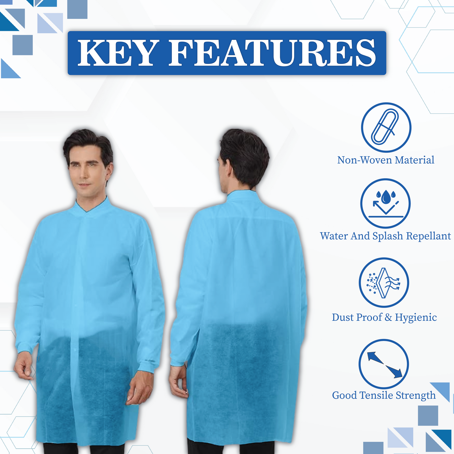 Blue lab coat with key features highlighted