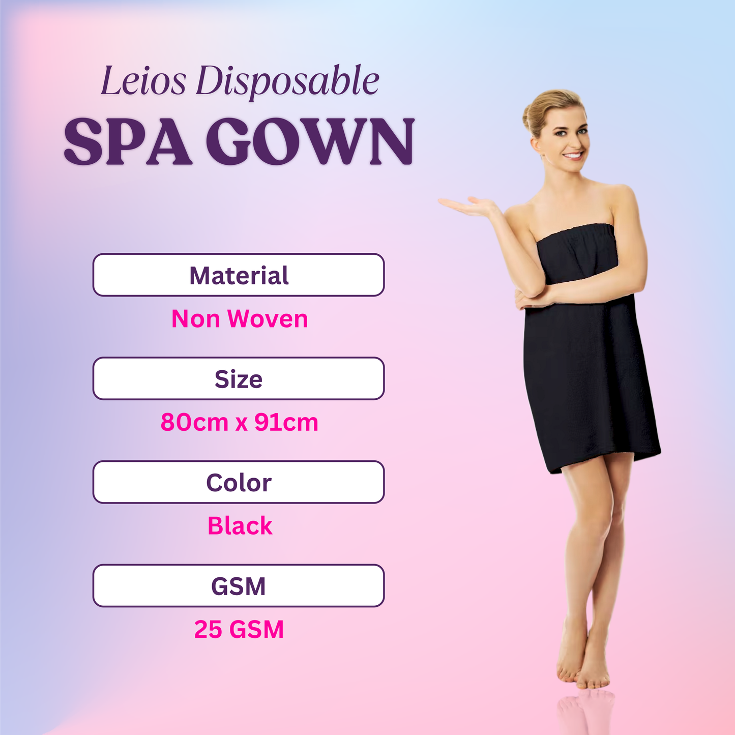 Leios Disposable Spa Gown features with a woman wearing a black spa gown