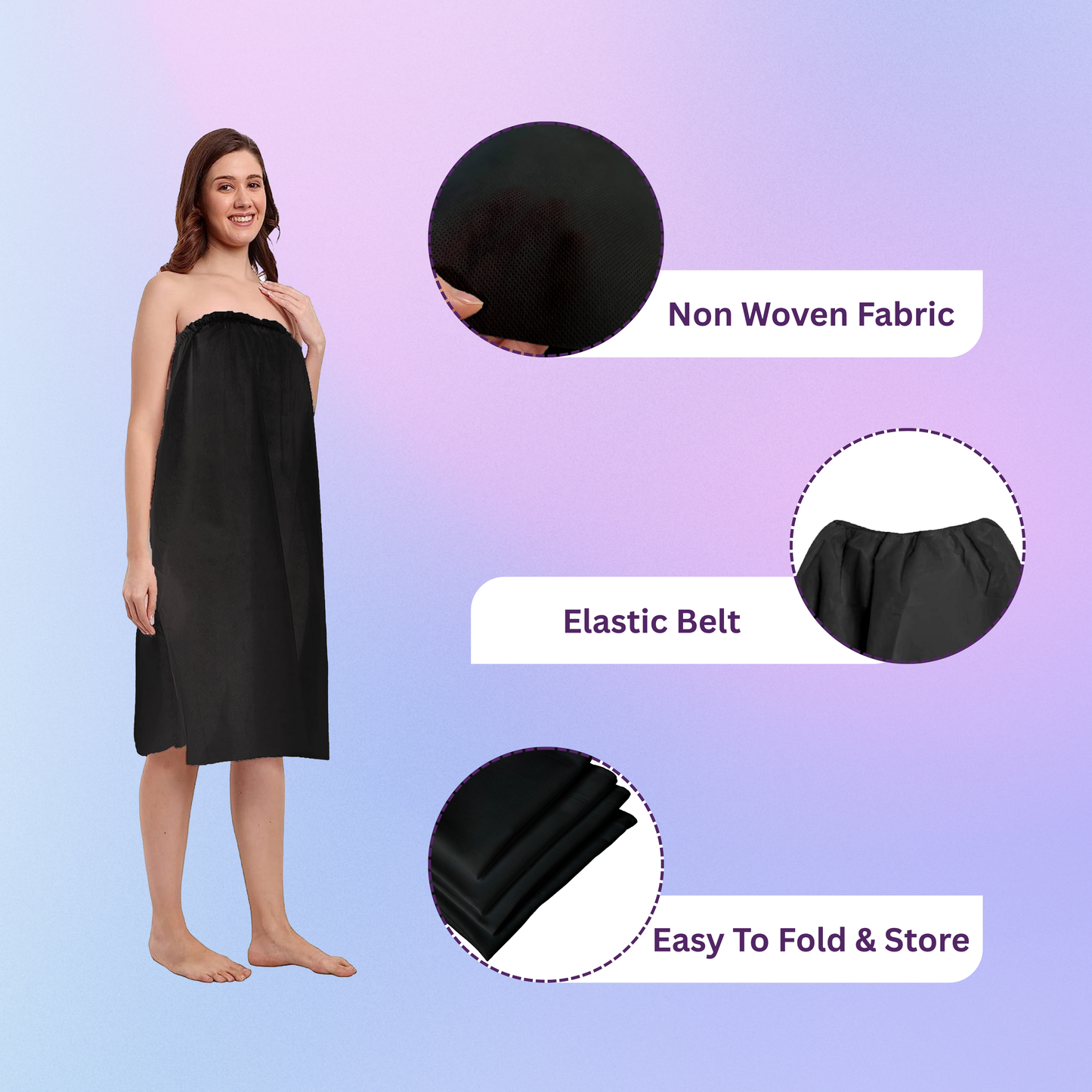 Woman wearing a black spa gown with features highlighted.
