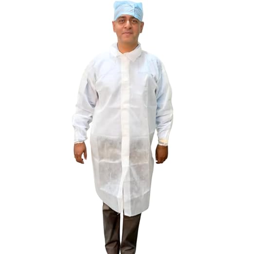 A person wearing a white disposable non-woven lab coat with long sleeves, elastic wrists, and without pockets,