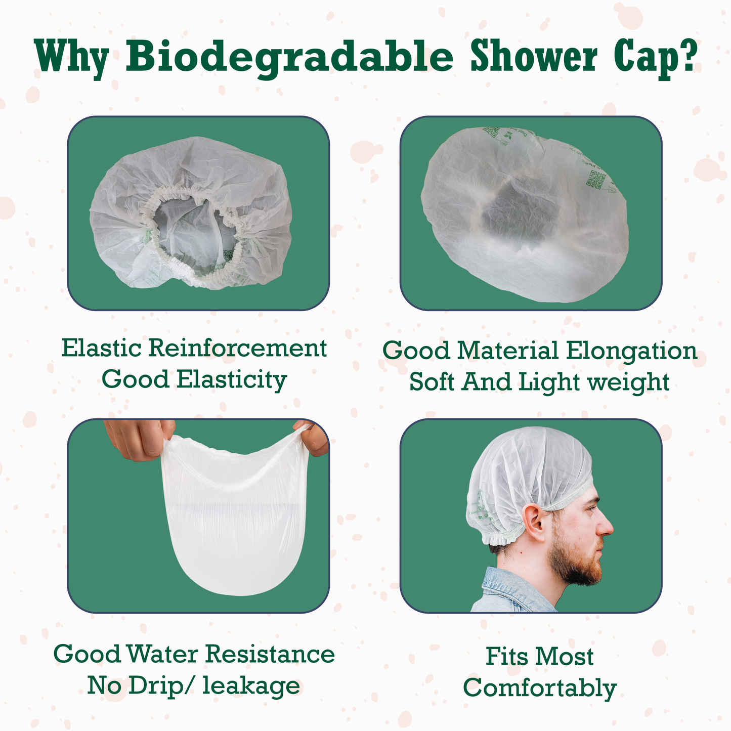 Biodegradable shower cap with features highlighted
