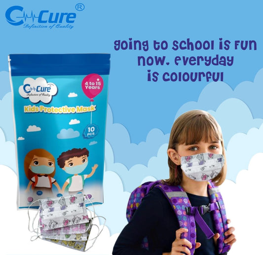 C-cure kids protective masks packaging with a child wearing a mask and go for school 