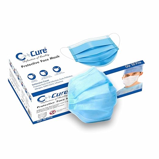 Box of C-Cure protective face masks blue with adjustable metal nose clip, displayed with one mask outside the box.