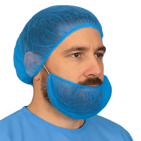 Man wearing a blue hairnet and beard cover on a white background