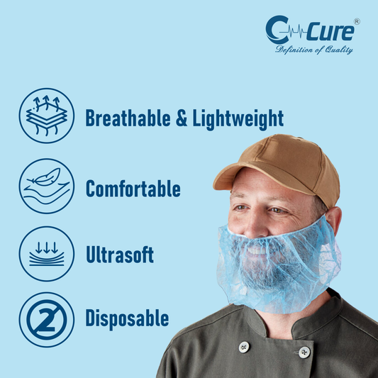 Man wearing a disposable face cover with C+ Cure branding and product features on a blue background