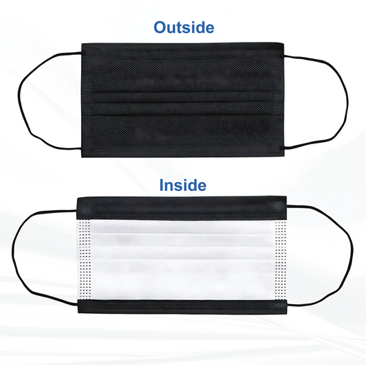 Black and white face mask showing outside and inside views 