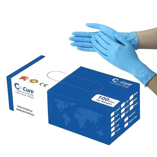 Box of blue examination gloves with a hand wearing a glove 
