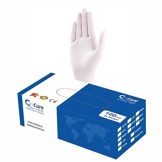 Box of Cure disposable Latex gloves with a showing the gloves 