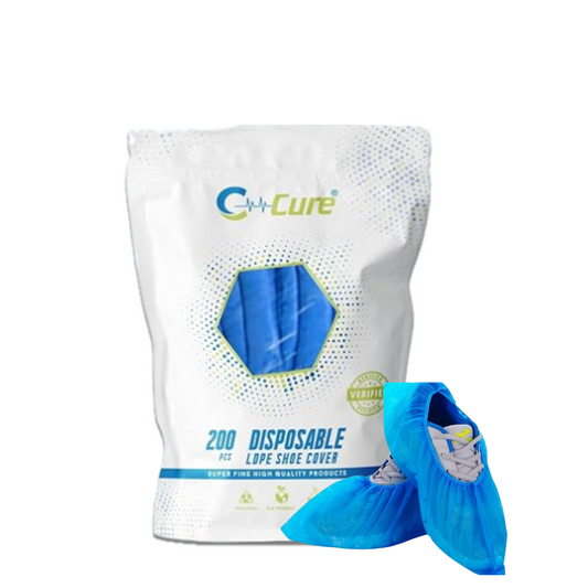 A pack of C-CURE brand disposable waterproof shoe covers in blue, displayed with one cover partially out of the package to show the product.