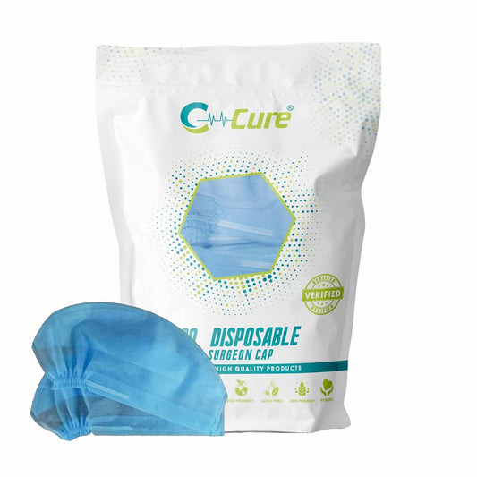 Blue disposable surgical cap with C-cure packaging 