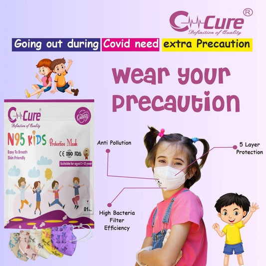 Cure N95 Kids protective mask packaging with a child wearing the mask .