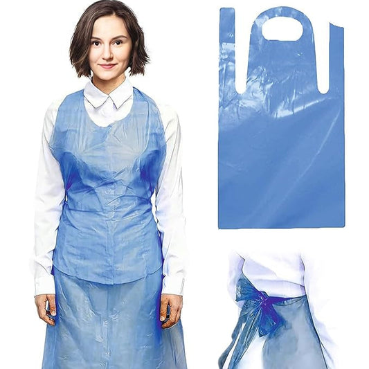 Person wearing a blue disposable apron with close-up of the apron 