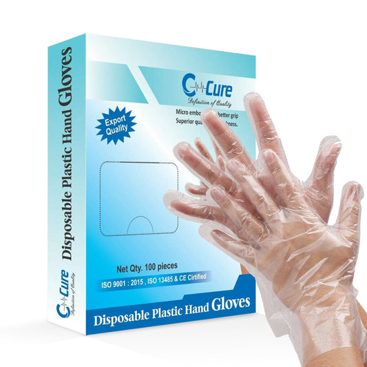 Cure disposable plastic hand gloves packaging with a hand wearing a glove 
