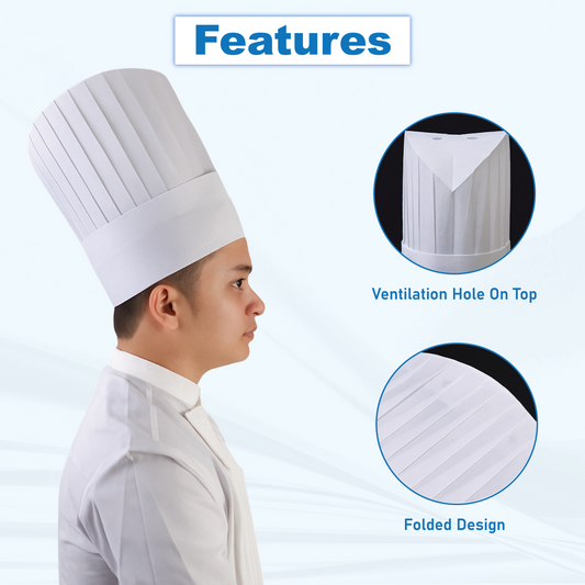 Chef wearing a white chef hat with features highlighted 