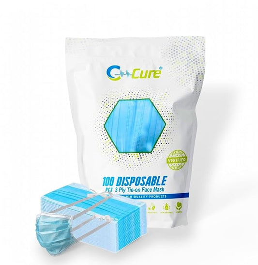 A pack of C-Cure disposable tie-on face masks with nose clip, featuring a blue 3-ply medical face mask with meltblown filter layer.