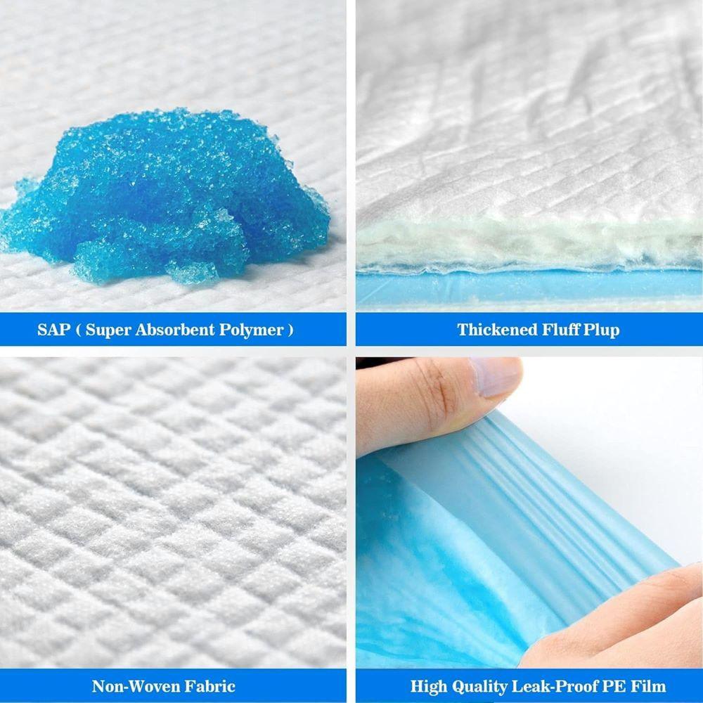 Product features including SAP, thick fluff plug, non-woven fabric, and high-quality leak-proof PE film.