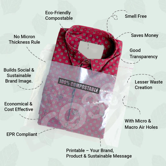 Eco-friendly compostable bag with features highlighted