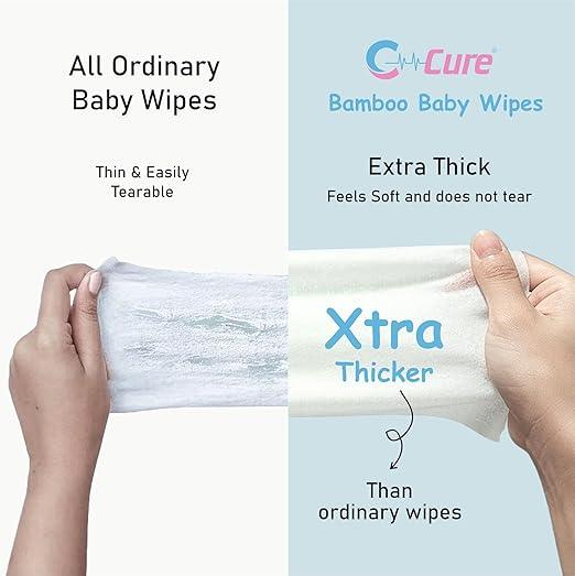 Comparison of ordinary baby wipes and C-Cure Bamboo Baby Wipes, highlighting thickness and texture.