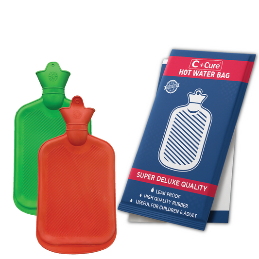 Red and green hot water bags with C-Care packaging 