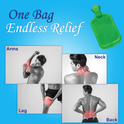 Promotional image for a hot water bag with images of body parts showing pain relief.