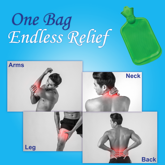Promotional image for a hot water bag with images of body parts showing pain relief.