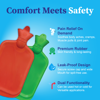 Red and green hot water bottles with sowing safety point  