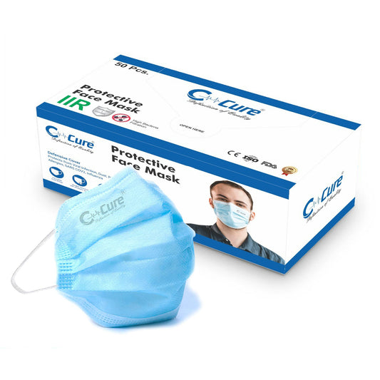 Blue protective face mask with 'C-Cure' branding and packaging 