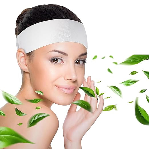 A woman wearing a white disposable spa facial headband with adjustable Velcro tape.
