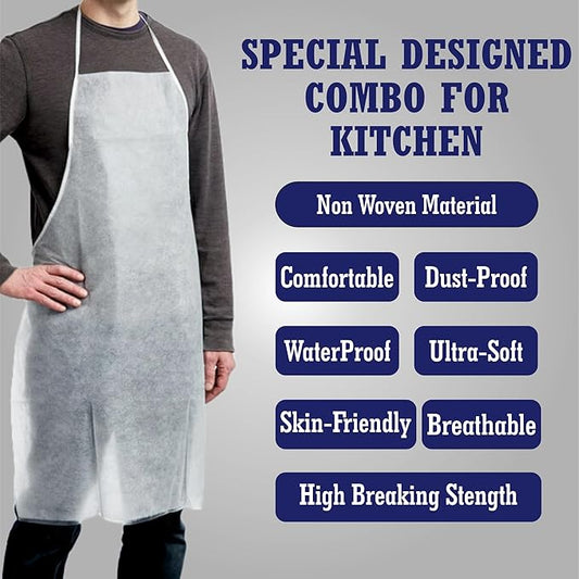 Person wearing a apron with text highlighting features 