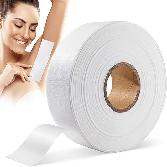 A roll of non-woven waxing strips, predominantly white with a visible brown core, displayed alongside an image of a woman indicating usage on the arm.
