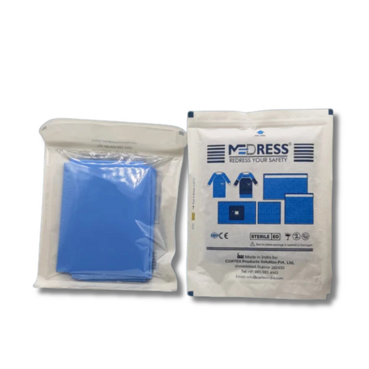 A blue medress trolley sheets sterile sheet packaged in a clear plastic bag with a label showing the product details and branding for MEDRESS.