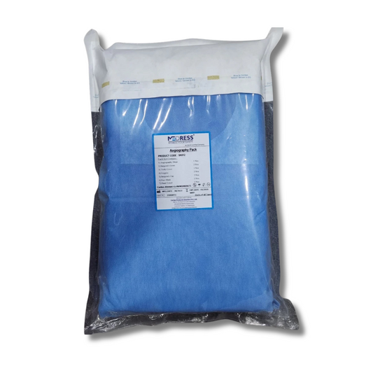 A sealed blue package of Medress disposable angiography drapes with a label displaying product information.
